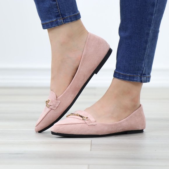 Pink Faux Suede Pointed Toe No Heel Flat Loafers Shoe Gold Accent Decor Slip On - Picture 12 of 14
